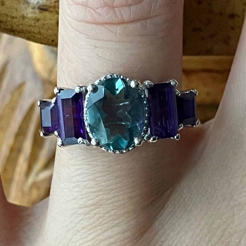 Teal Color Changing Fluorite Amethyst Art Deco Ring Size 6